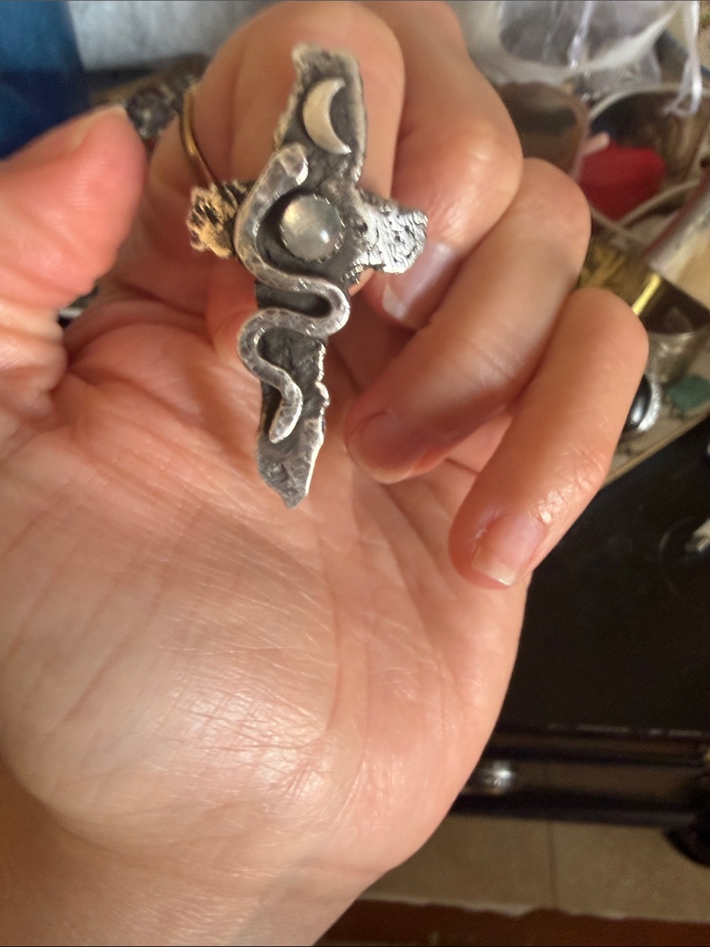 Silver-tone Moon & Snake Statement Ring